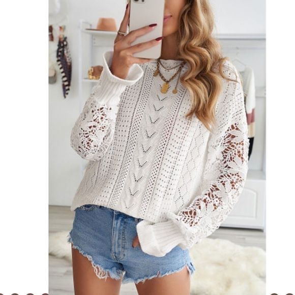 Crochet Lace Pointelle Knit Sweater - Picture 4 of 6